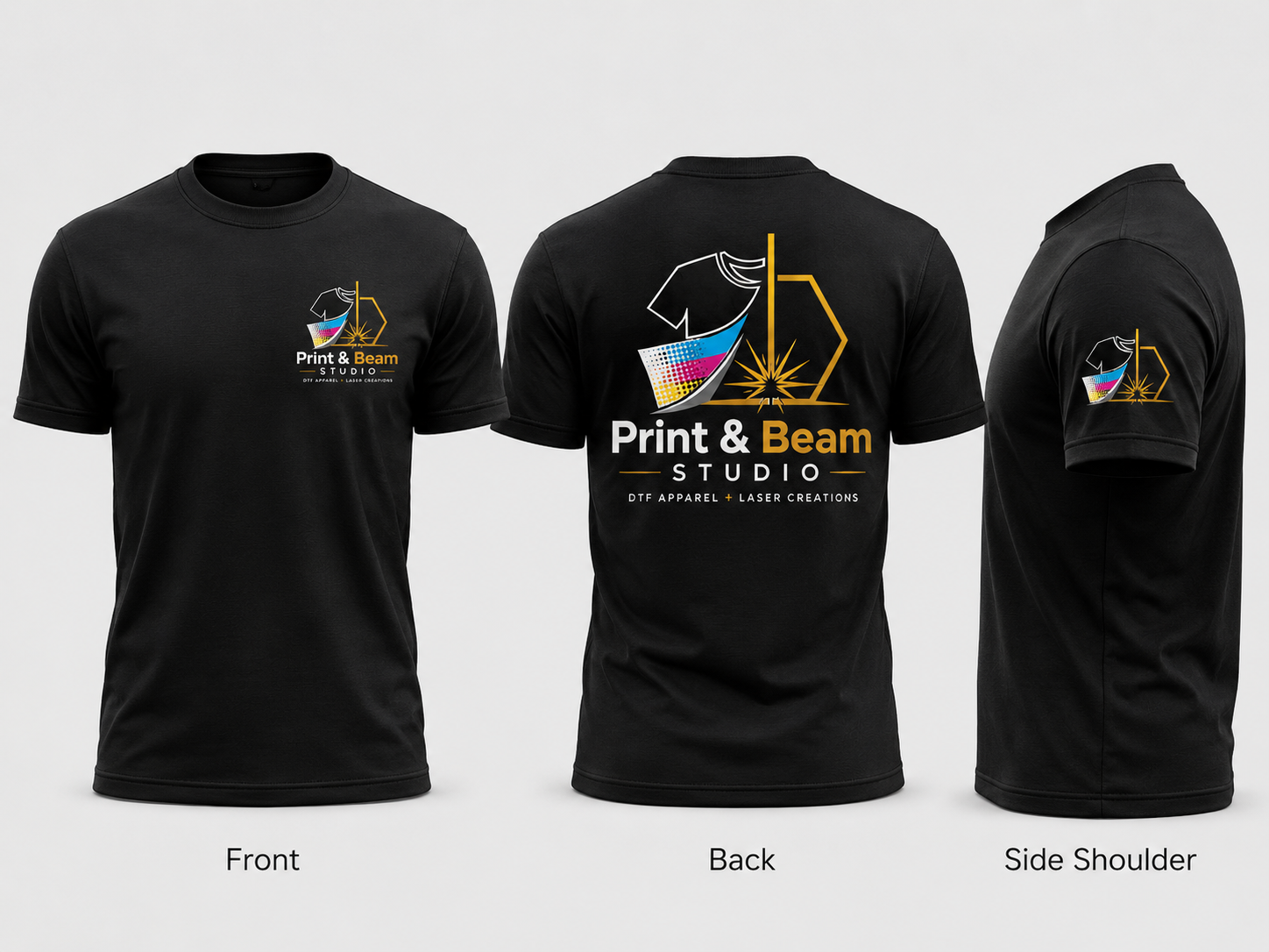 Print & Beam Studio shirt — front, back, and side shoulder placement