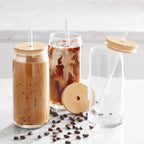 Lifestyle image with iced coffee drinks and clear glass