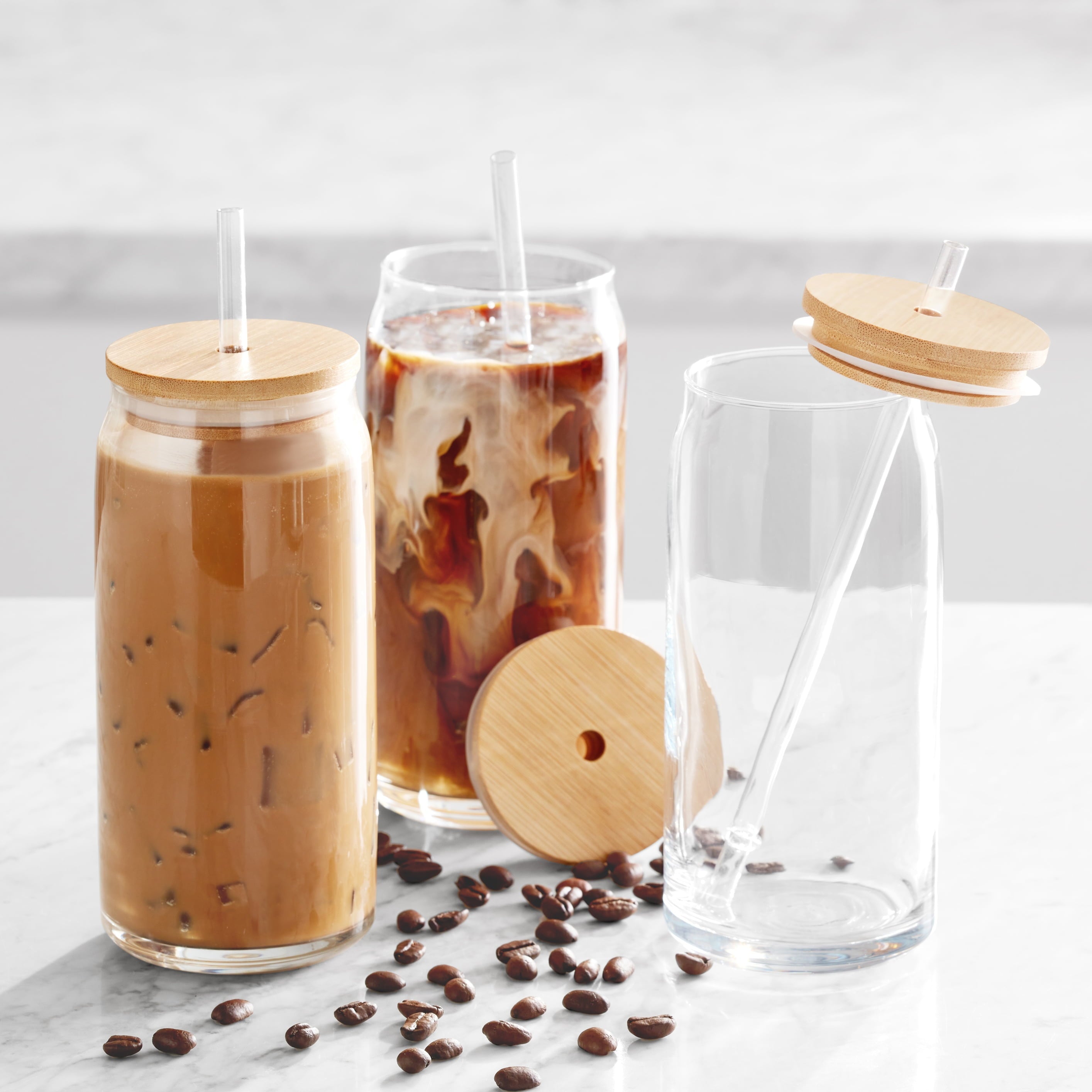Lifestyle image with iced coffee drinks and clear glass