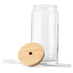 Single clear glass with bamboo lid and reusable straw