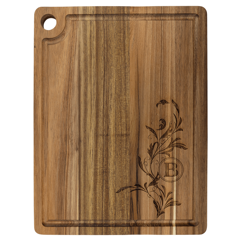 Custom Engraved Acacia Cutting Board with Drip Ring and Corner Hole