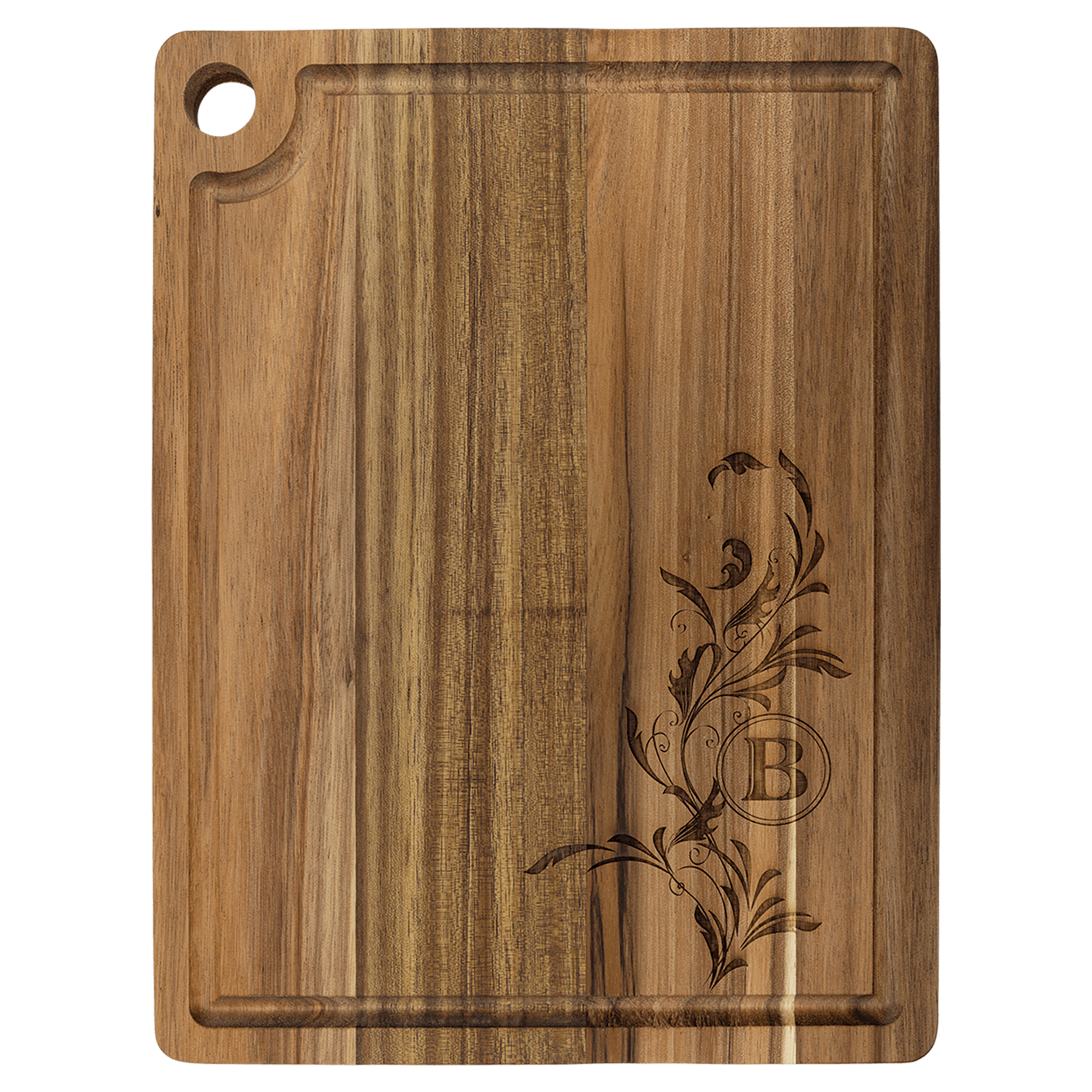 Custom Engraved Acacia Cutting Board with Drip Ring and Corner Hole