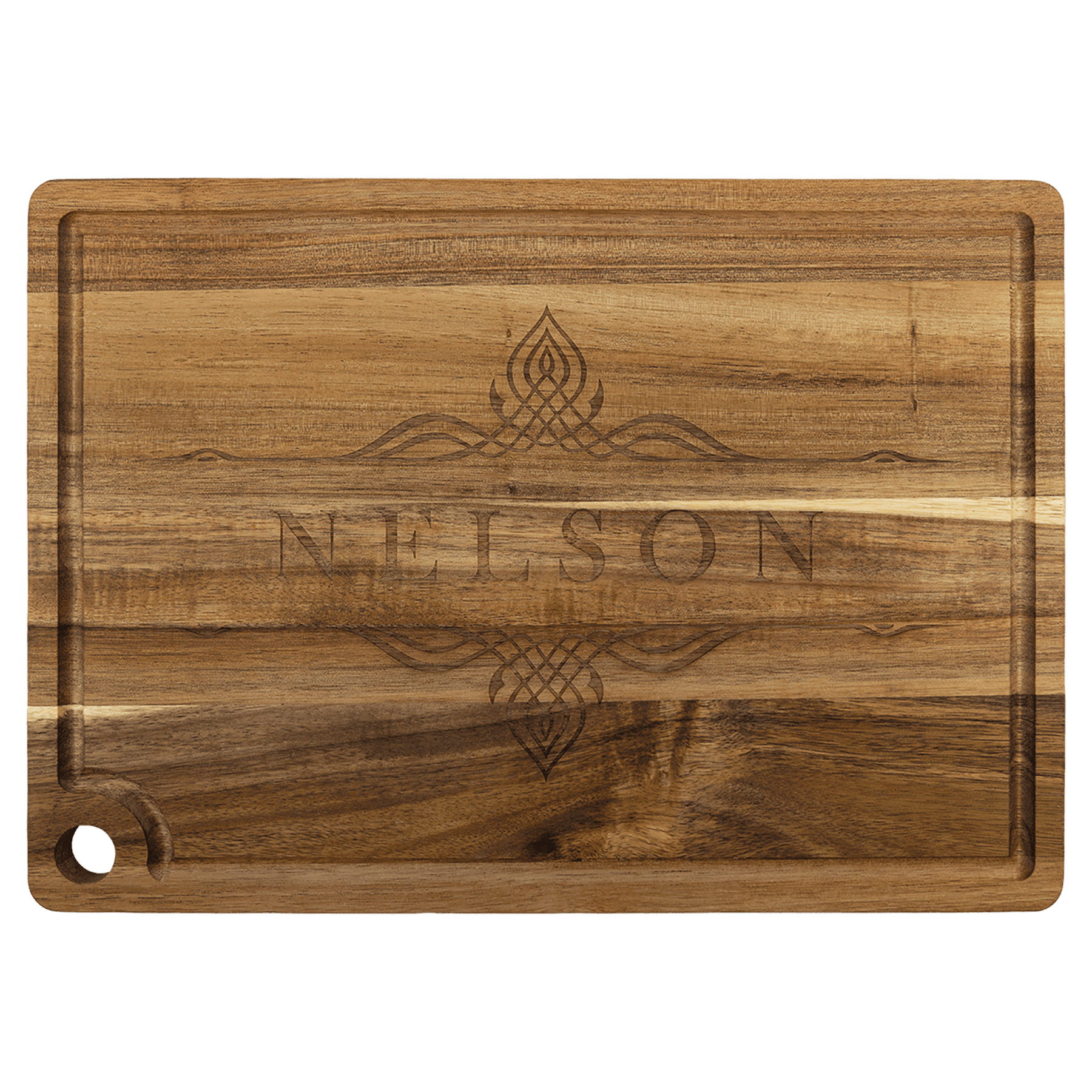 Custom Engraved Acacia Cutting Board with Drip Ring and Corner Hole