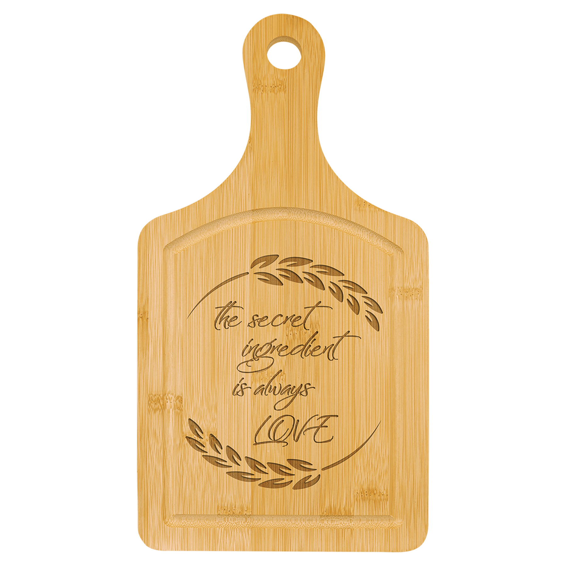 Custom Engraved Bamboo Paddle Cutting Board with Drip Ring
