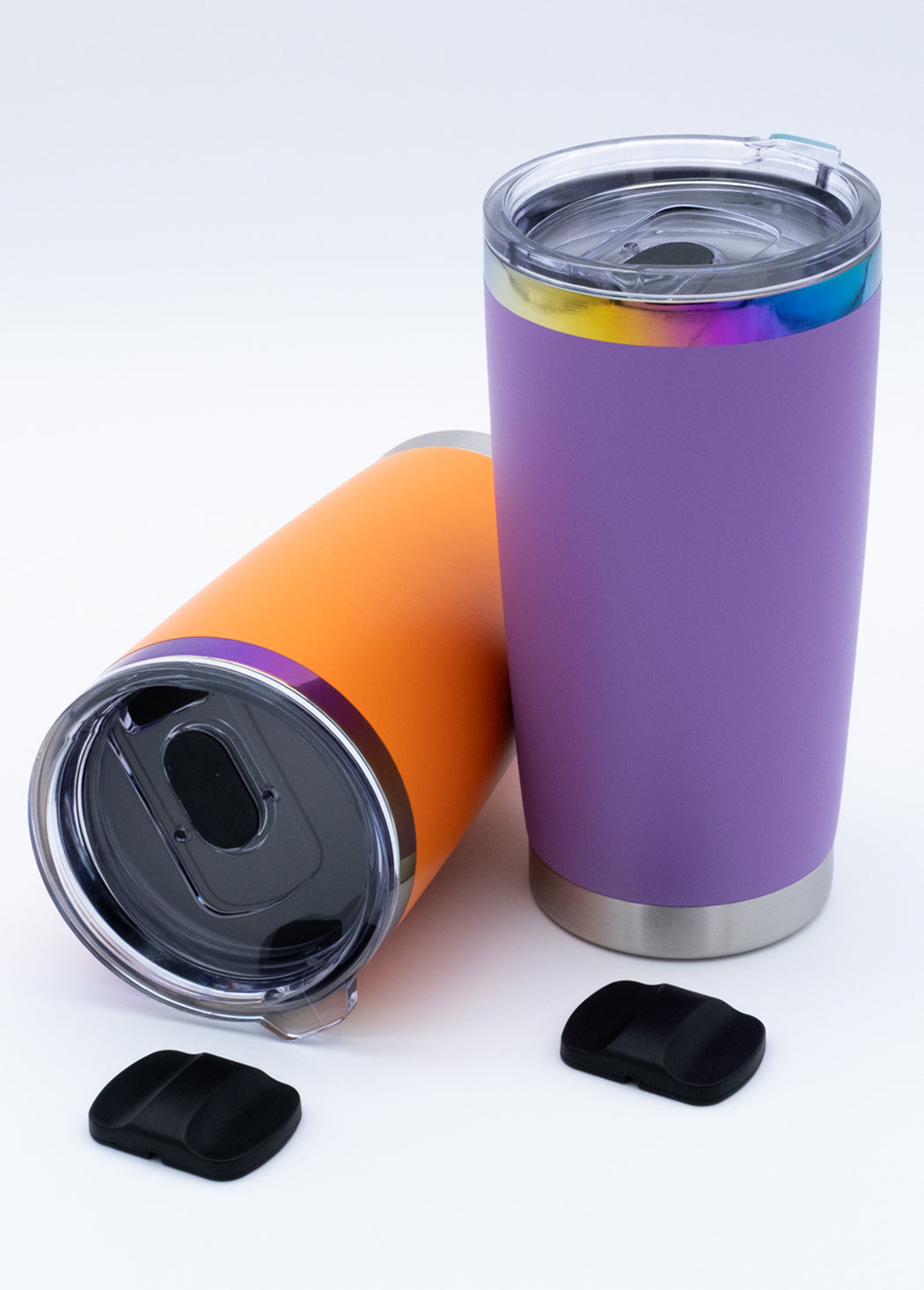 Custom Electroplated Ring 20 oz Coffee Tumbler - Group image with purple and orange tumblers