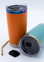 Custom Electroplated Ring 20 oz Coffee Tumbler - Group image with orange and teal tumblers, lids and straw