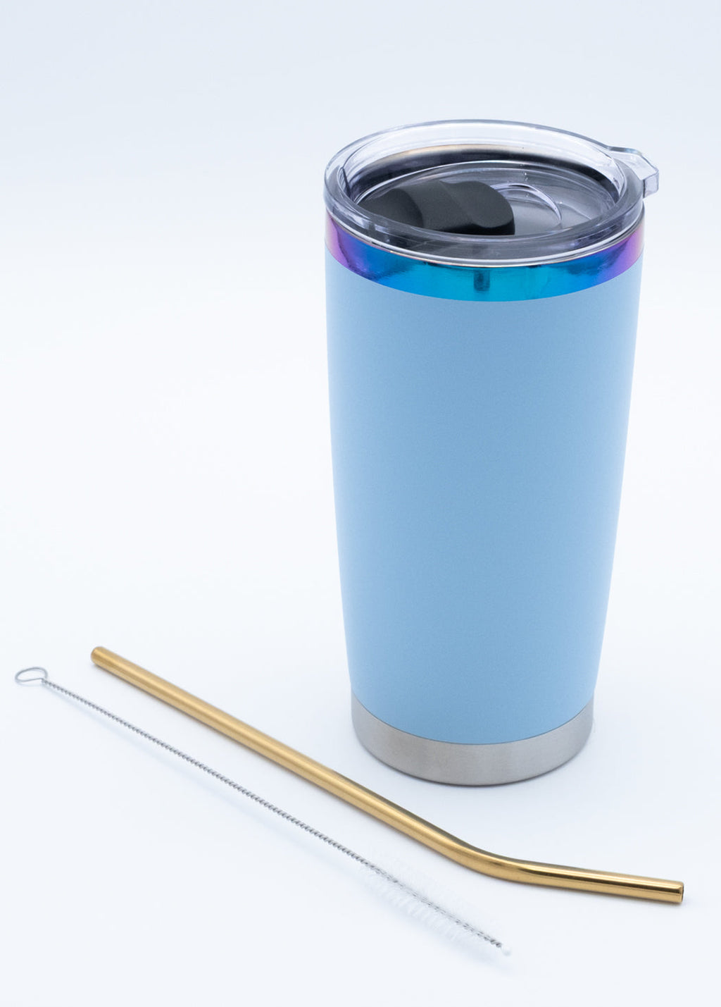 Custom Electroplated Ring 20 oz Coffee Tumbler - Light Blue with straw and cleaning brush