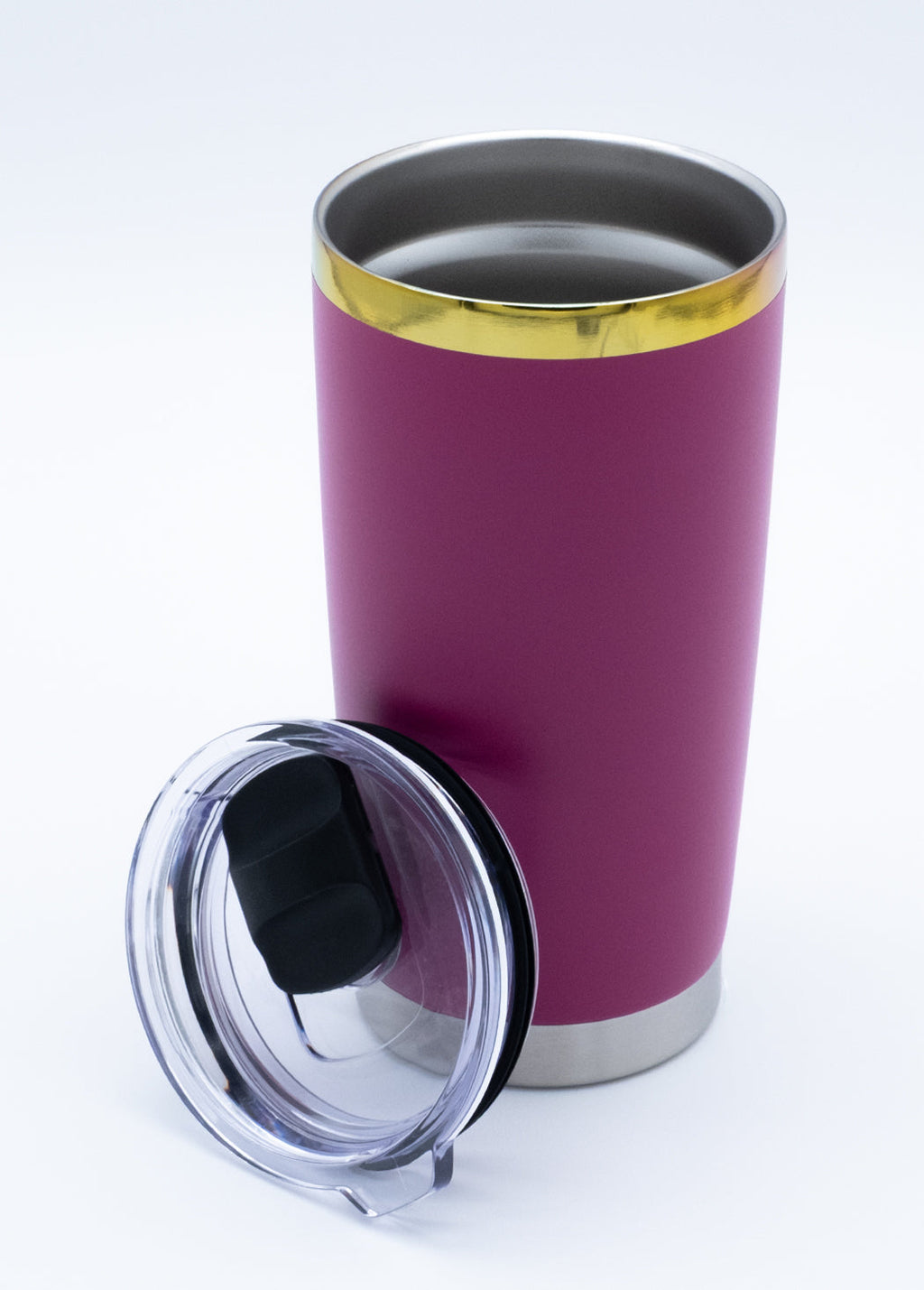 Custom Electroplated Ring 20 oz Coffee Tumbler - Magenta open tumbler with lid