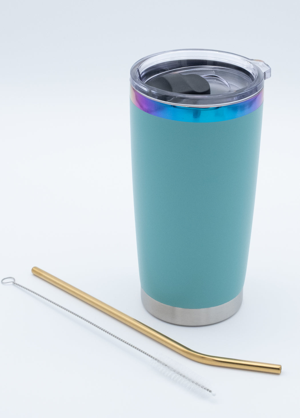 Custom Electroplated Ring 20 oz Coffee Tumbler - Ocean Teal with straw and cleaning brush