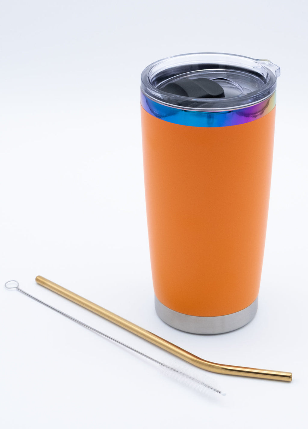 Custom Electroplated Ring 20 oz Coffee Tumbler - Orange tumbler with straw and cleaning brush