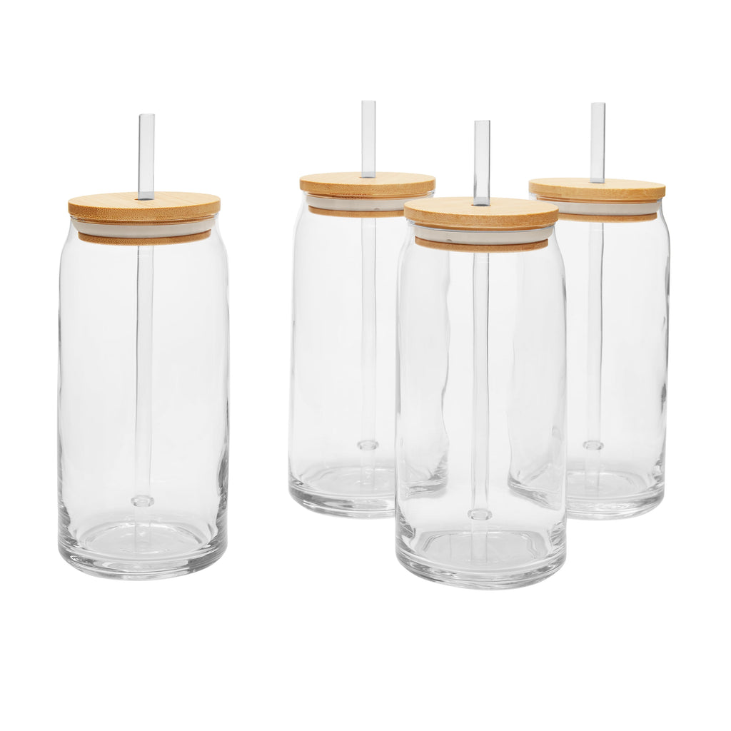 Set of four clear can glasses with bamboo lids and reusable straws